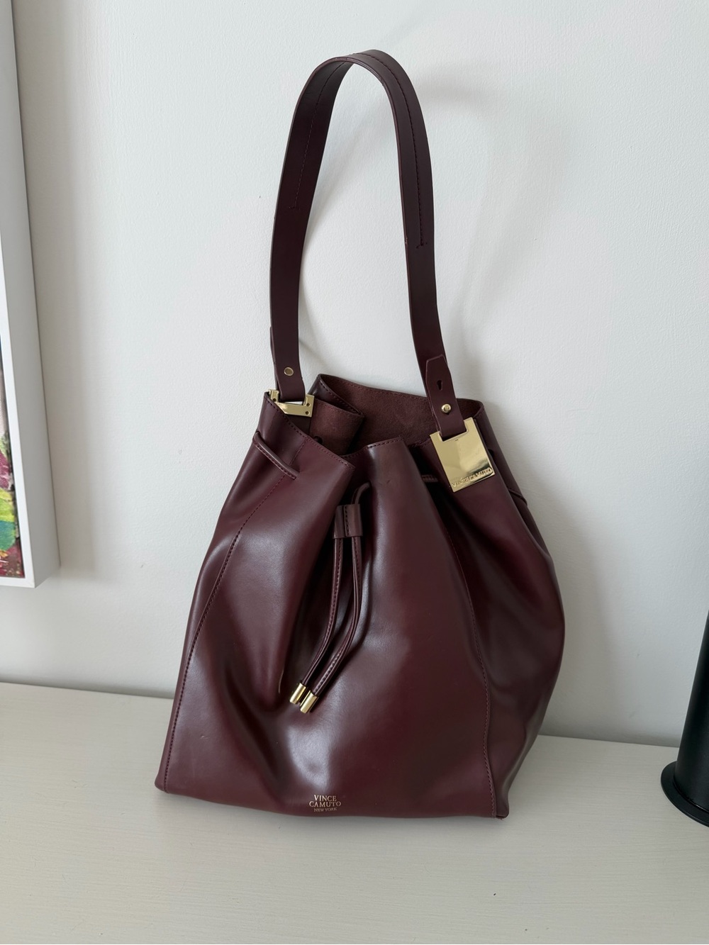 Vince Camuto Maroon Leather Drawstring Shoulder Tote
